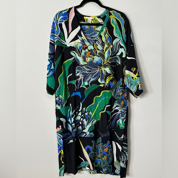 Tropical Floral Print V-Neck Pull Over Dress With Button Down Side Splits Size 6 - Picture 3 of 8